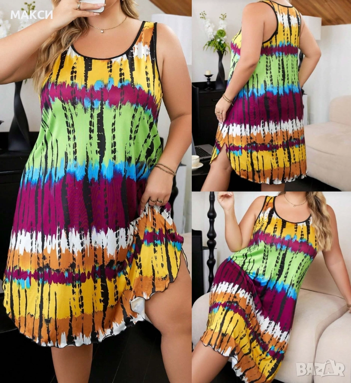 Макси модерна силно еластична рокля без ръкави в многоцветен атрактивен ярък десен  + оверлог краища, снимка 1