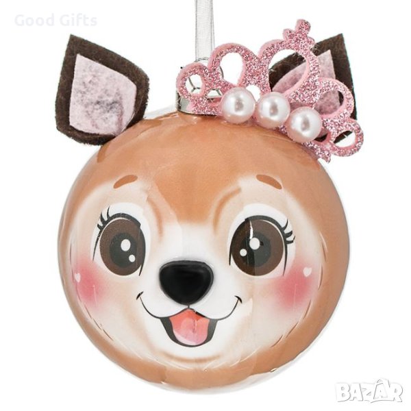 3 броя Комплект коледни топки, Кученце с розова корона, 6.5см, снимка 1