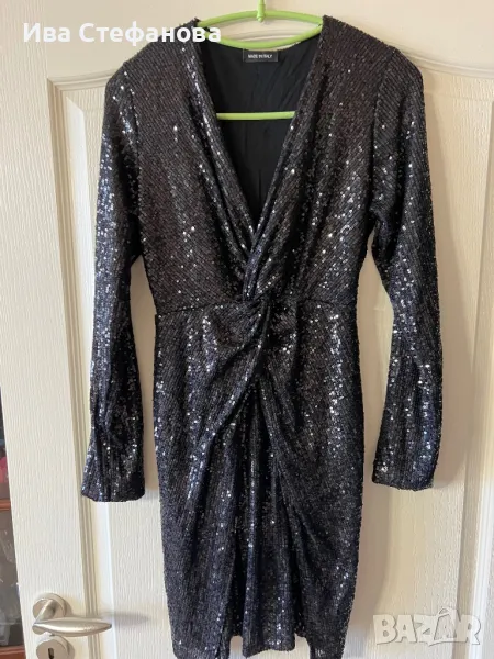  Italy блестяща къса V образно деколте парти коктейлна официална черна еластична  рокля пайети, снимка 1