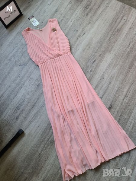 НОВА уникална дълга розова рокля + брошка на намаление , снимка 1