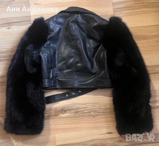 Кожено яке с косъм по ръкавите, снимка 2 - Якета - 52511125