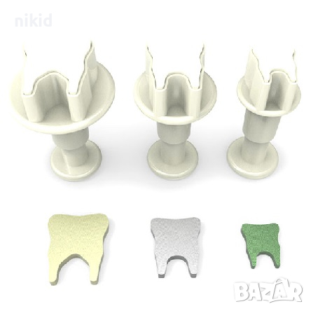 3 бр Зъб Зъбче резци с бутало резец форма пластмасови форми за фондан тесто сладки, снимка 2 - Форми - 36237825