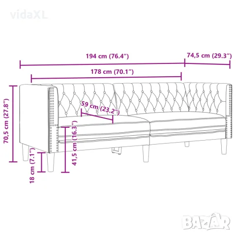 vidaXL Диван Chesterfield с 3 седящи места, сив, kunstnahast, снимка 9 - Дивани и мека мебел - 56147444