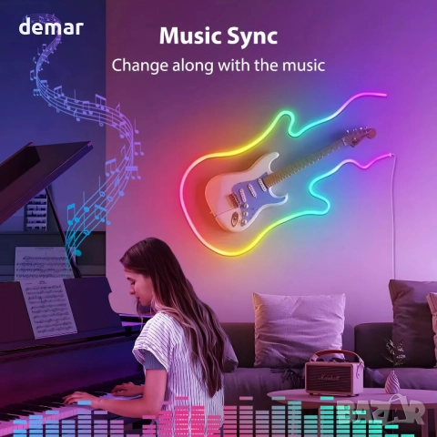 FWoche LED неонова въжена светлина 5M, RGB IC светлинна лента Bluetooth приложение и IR дистанционно, снимка 3 - Лед осветление - 52128873