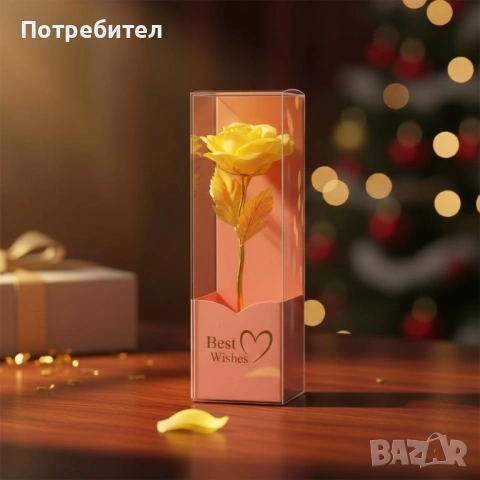 Декоративна цветна роза „Best Wishes“ със златно стъбло, снимка 6 - Подаръци за жени - 53411759