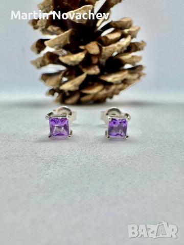 Сребърни обеци с естествен аметист, снимка 9 - Обеци - 53438246