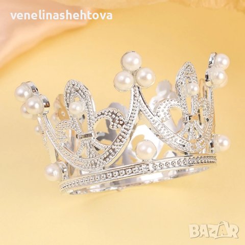 Сребриста и златиста малка коронка тиара с перли топер декорация , снимка 3 - Други - 44197654