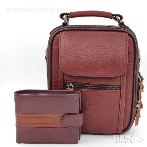 Подарък за мъж – комплект чанта и портфейл от естествена кожа в светло кафяво