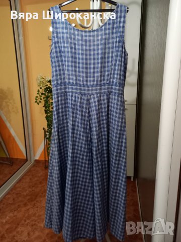 Синя памучна карирана рокля с фиксирана талия. Размер: М, L. Леко изсветляване на плата. , снимка 2 - Рокли - 40522930