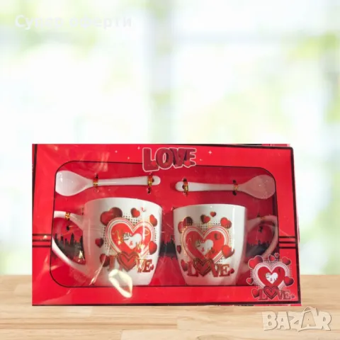 Керамичен комплект от 2чаши, с лъжички, снимка 2 - Чаши - 48998333