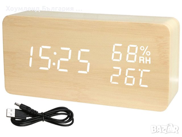 Бамбуков LED часовник с аларма, влажност и температура, снимка 4 - Дамски - 42198643