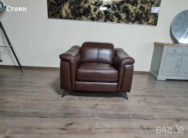Кафяв кожен фотьойл с подвижна облегалка, снимка 6 - Дивани и мека мебел - 49936269