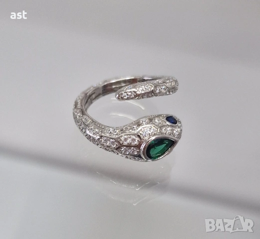 Сребърен пръстен змия с цирконий, снимка 3 - Пръстени - 53616343
