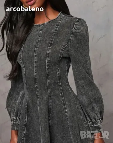 Модна дамска дънкова рокля с дълги ръкави с талия в пачуърк, 2цвята , снимка 5 - Рокли - 47696054