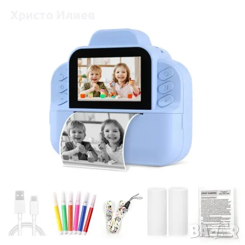 Детски фотоапарат за моментни снимки с дисплей мини термален Принтер с хартия комплект Розов Син, снимка 2 - Фотоапарати - 49657174