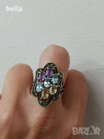 Уникат-Златен дамски пръстен-диаманти,цитрин аквамарин и аметист