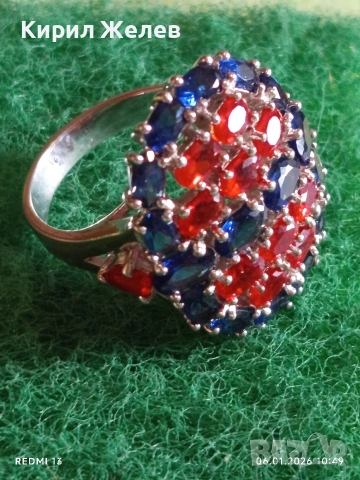 Ефектен сребърен пръстен тип Коктейлен с Рубини и Сапфири за официални събития 51788, снимка 3 - Пръстени - 53003800