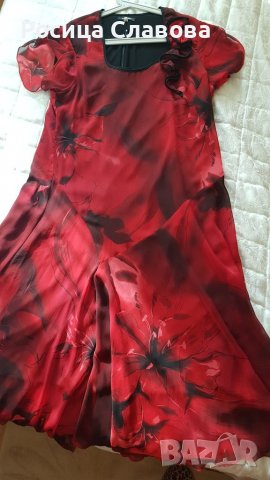 Яркочервена копринена рокля, снимка 3 - Рокли - 38779729