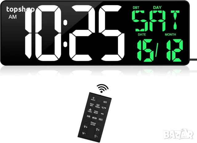 Aolyty 16,5-инчов LED дигитален стенен часовник с дистанционно управление, (бяло-зелен)