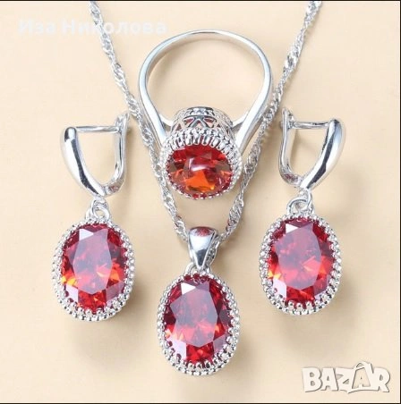 Сребърни комплекти сапфир, рубин - обици, колие и пръстен, снимка 11 - Бижутерийни комплекти - 44887986