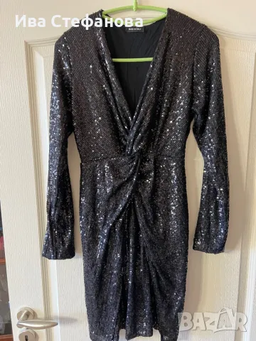  Italy блестяща къса V образно деколте парти коктейлна официална черна еластична  рокля пайети