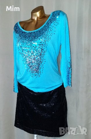 L К-т Светло синя блуза с пайети и черна пола с пайети , снимка 2 - Поли - 44172849