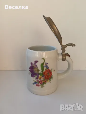 WMF, ВМФ голяма порцеланова халба с калаен капак, декор мейсенски букет , снимка 2 - Антикварни и старинни предмети - 48823101