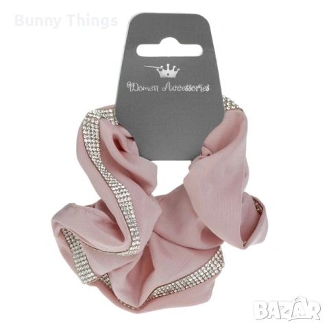 Дамски сатенен ластик за коса, в розов цвят с камъчета, снимка 2 - Други - 53412400