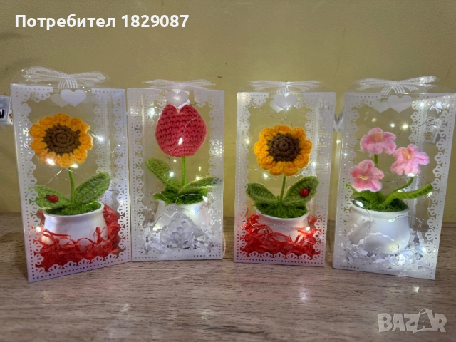 Бюджетен подарък за 8-Март. Ръчно плетено цвете в кутия с LED-светлинки, снимка 3 - Декорация за дома - 53653858