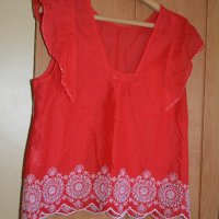 Червена памучна лятна блуза с бродерия, снимка 2 - Ризи - 41790075