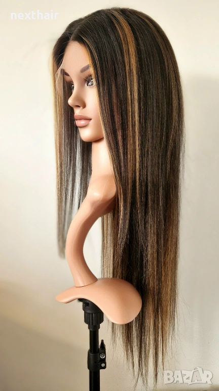 Черна естествена права перука 80 см с руси кичури - Lace Front 13x6, снимка 1