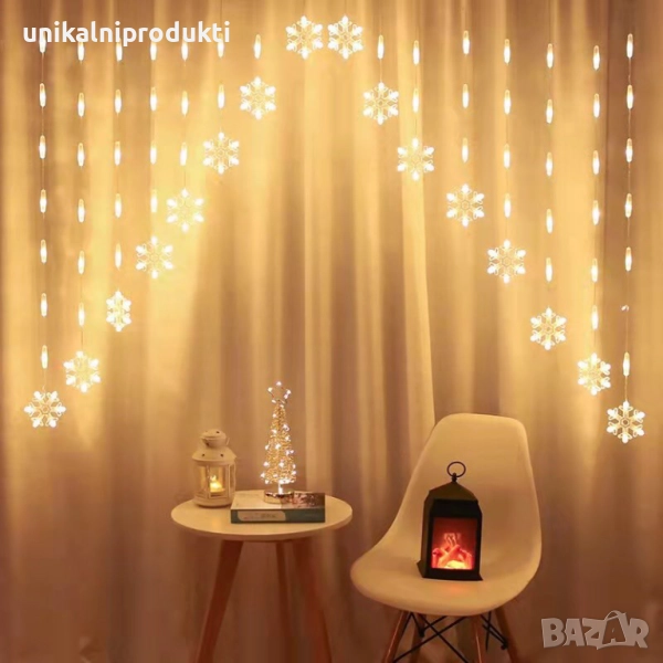 Коледни лампички LED завеса-СНЕЖИНКИ 3.5м х 1м студено бяла светлина , снимка 1