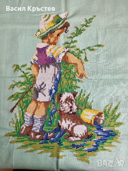 Немски гоблен, ръчна бродерия, по модел от сп. "Бурда" - "Момче с куче" 1979 г., снимка 1