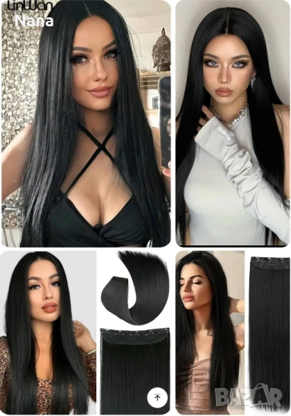 Черни треси екстеншън синтетичен косъм. Дължина 60см,грамаж 100гр. Цена за 1 брой треса 40лв., снимка 1