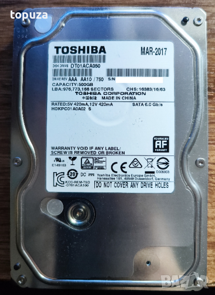 хард диск за компютър Toshiba 3.5 500ГБ 7200rpm 32MB SATA3 DT01ACA050, снимка 1