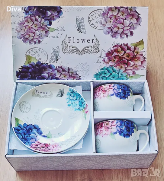 Комплект чаши и чинийки за кафе или чай – Пролетни цветя, снимка 1