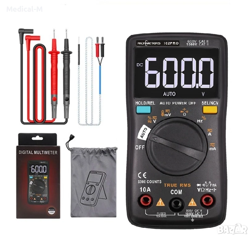 RM102Pro multimeter мултиметър – 6000 отчета, подсветка, AC/DC амперметър, волтметър, измерване на , снимка 1
