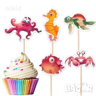 10 бр Морско дъно морски животни океан топери клечки за мъфини декор украса, снимка 1