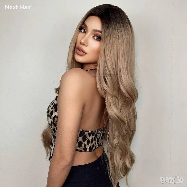 Дълга вълнообразна тъмно руса омбре перука с тъмни корени на път, снимка 1