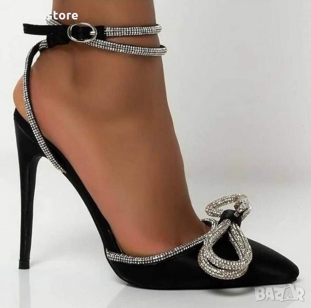 Сандали на ток - черен сатен - BY22 , снимка 1