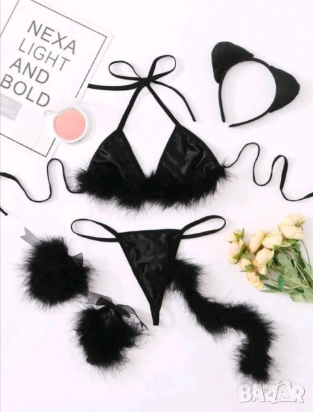 Дамско бельо комплект от 6 части с пухче, снимка 1