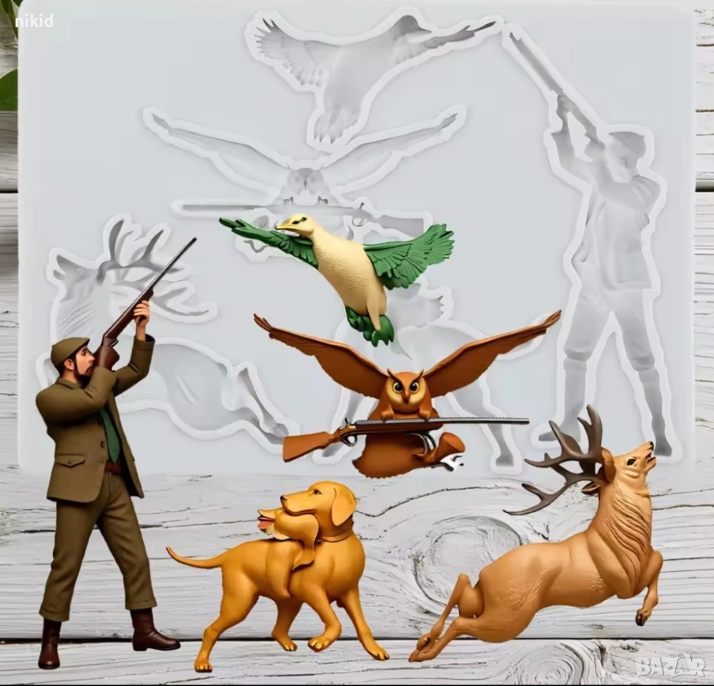 лов ловец ловджия с пушка куче елен гъска силиконов молд форма фондан шоколад декор, снимка 1