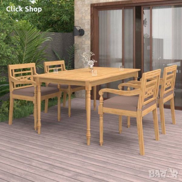 Градински трапезен комплект с възглавници, 5 части, тик масив, снимка 1