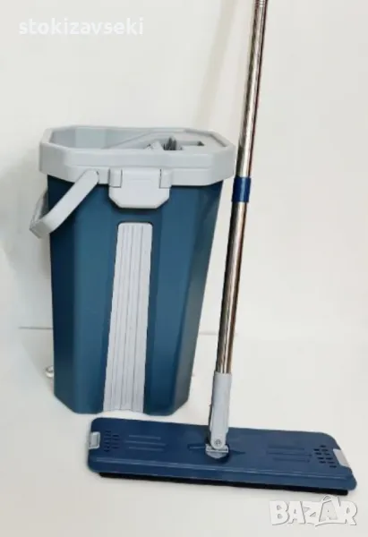 Комплект за почистване с плосък моп и кофа със система за изстискване, снимка 1