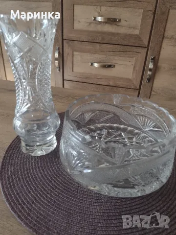 Комплект от кристална купа и ваза ръчно гравирани еднакъв дизайн., снимка 6 - Вази - 10337738