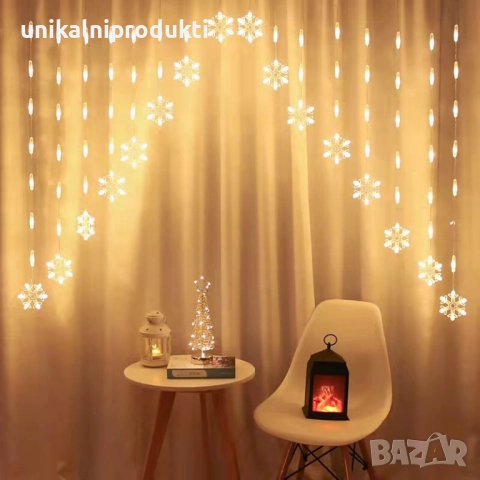 Коледни лампички LED завеса-СНЕЖИНКИ 3.5м х 1м студено бяла светлина 