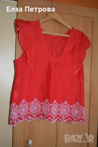 Червена памучна лятна блуза с бродерия, снимка 2 - Ризи - 41790075