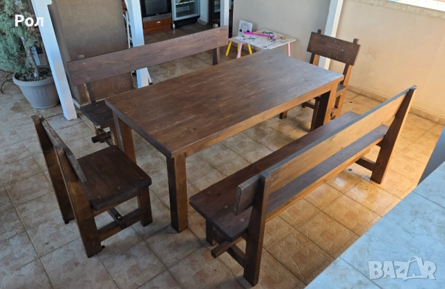 К-т дървена маса две пейки и два стола от БУК, снимка 6 - Градински мебели, декорация  - 51789258