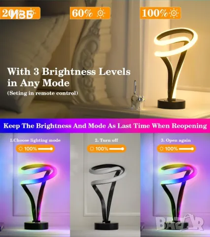 Спирална RGB настолна лампа за нощно шкафче, 12 променящи се цвята  с дистанционно и сензорно управл, снимка 4 - Настолни лампи - 48684544