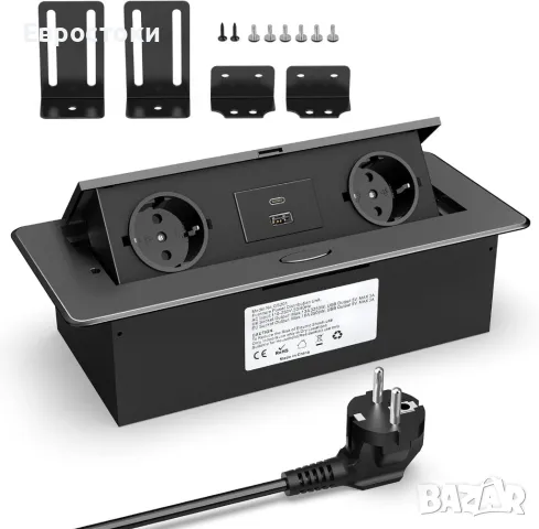 Прибиращ се настолен разклонител с 2 контакта, USB C PD 20W, алуминиев вграден контакт за плот, кухн